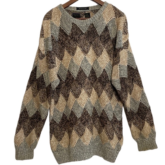 Vintage Sweaters Vintage Hand Knit Sweater Mens Medium Tan Gray